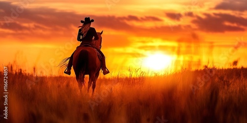 female cowboy riding horse in the wild west at sunset