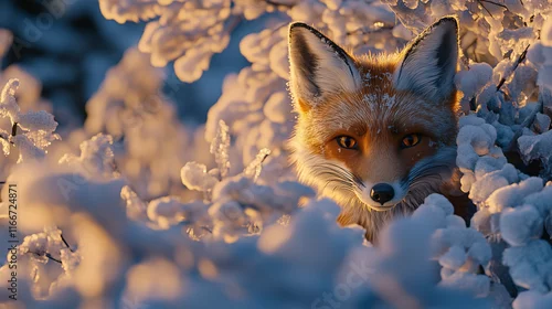 Fototapeta Rudy lis z ciekawością spogląda zza pokrytego śniegiem krzewu, jego ciepłe futro wyróżnia się na tle lodowatej scenerii.