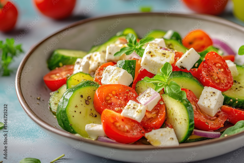 Fresh Greek salad with feta and tomatoes Fresh Greek salad with feta and tomatoes