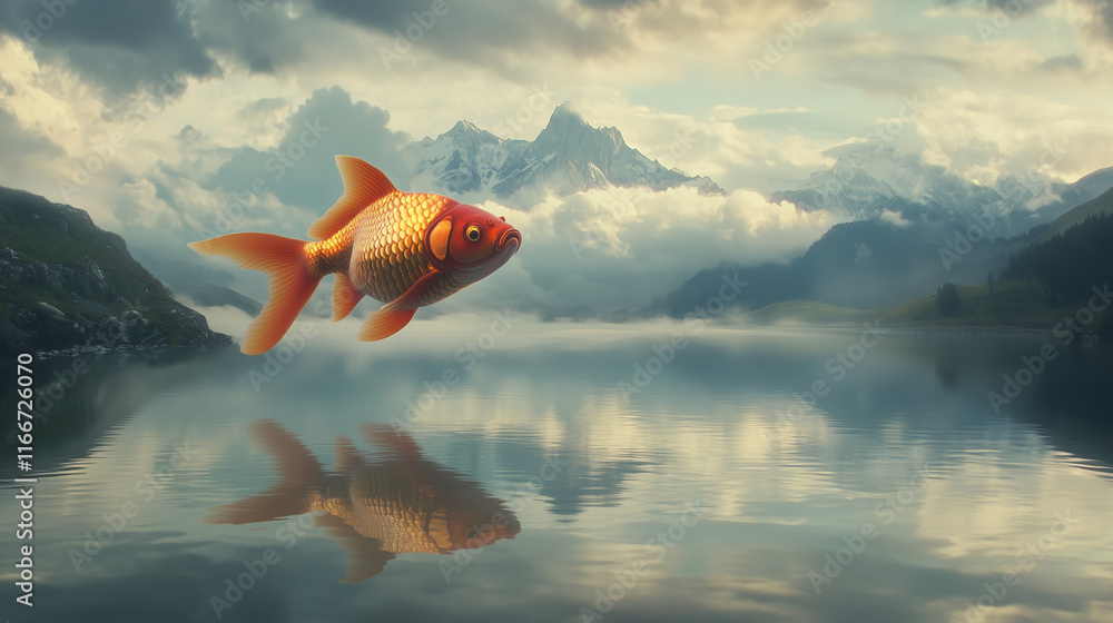Fototapeta premium Gigantyczna złota ryba płynie przez zachmurzone niebo, tworząc surrealistyczny widok nad spokojnym górskim jeziorem.