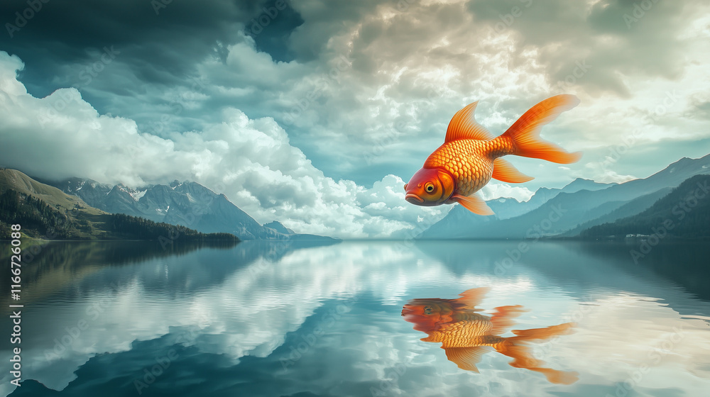 Fototapeta premium Gigantyczna złota ryba płynie przez zachmurzone niebo, tworząc surrealistyczny widok nad spokojnym górskim jeziorem.