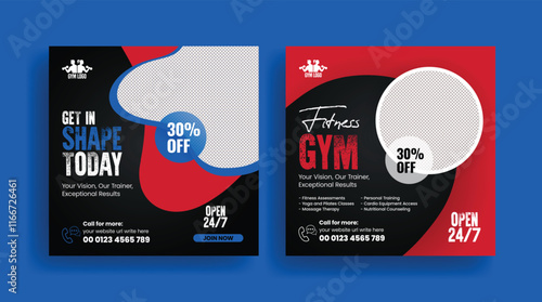 Gym and fitness social media posts banner, ads set or square flyer template, promotional ads design bundle