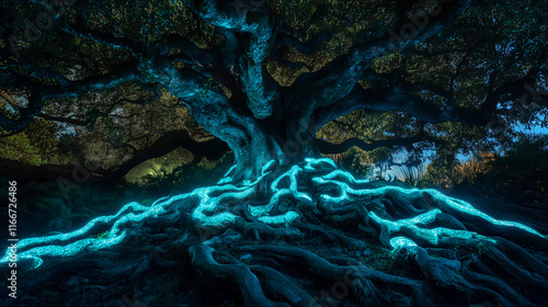 Wallpaper Mural Starożytne drzewo o poskręcanych korzeniach, oświetlone zielono-niebieskim blaskiem. Torontodigital.ca