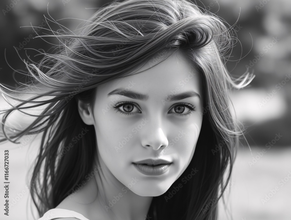 Naklejka premium Black and white portrait of a young woman outdoors, showing a relaxed expression and natural beauty, with moving hair, highlighting a serene and timeless atmosphere.
