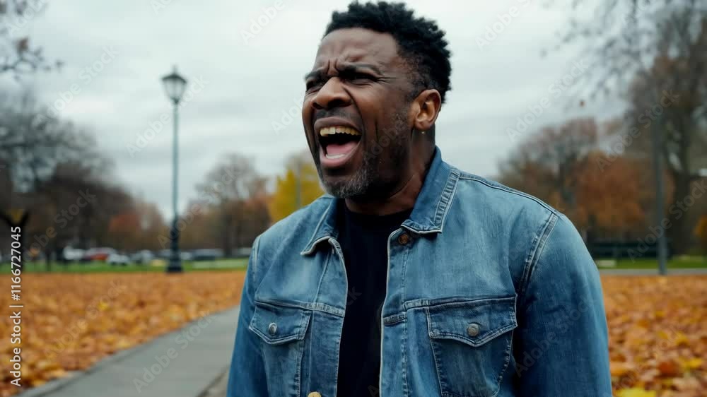 A man wearing a denim jacket expressing emotion outdoors in a park during autumn. 4k Video footage. A man wearing a denim jacket expressing emotion outdoors in a park during autumn. 4k Video footage.