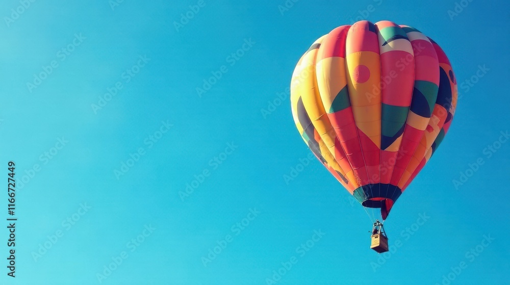 Fototapeta premium A vibrant hot air balloon ascends against a clear azure sky, showcasing a cheerful multicolored pattern and a rustic wicker basket.