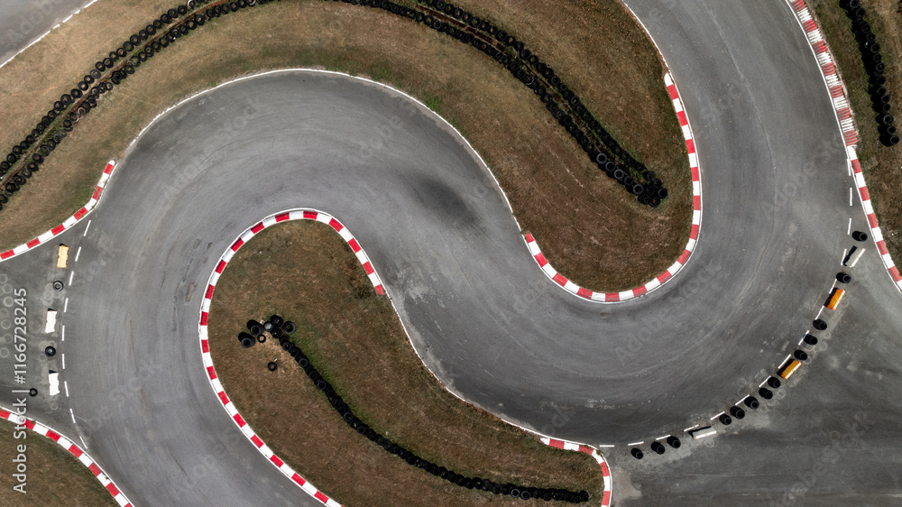 Aerial view race go-kart track, Track for auto racing top view, Car race asphalt and curve street circuit, Go-kart winding race track.