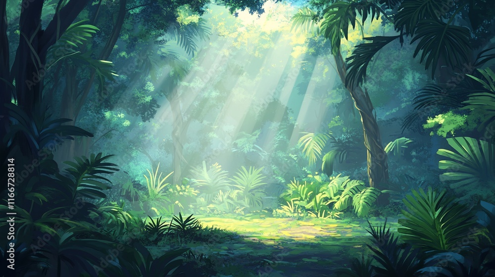 Obraz premium Luminous Jungle: Sunbeams Illuminate Lush Tropical Paradise