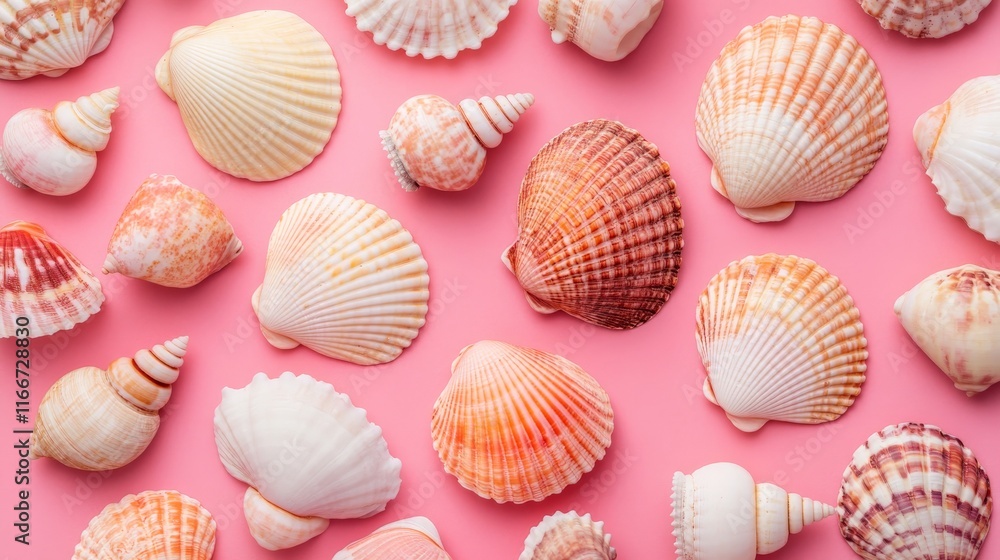 Pink Seashells in Minimalist Flat Lay Style Pink Seashells in Minimalist Flat Lay Style