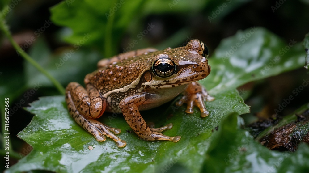 Spectacular Close-Up of a Tiny Frog Resting on a Lush Green Leaf in a Tropical Forest Spectacular Close-Up of a Tiny Frog Resting on a Lush Green Leaf in a Tropical Forest