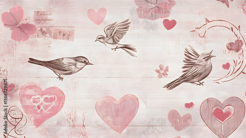 Obraz premium A digital art wallpaper of vintage Valentine's Day elements, including heart-shaped cards and birds in flight, set against an aged background with soft pastel pink hues. The design is elegant and roma