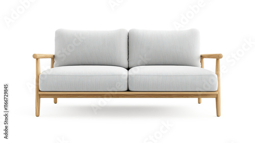 A white and blue striped sofa with wooden legs on transparent background