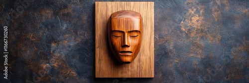 photo of robot head mounted on wood plaque, solid background - photo