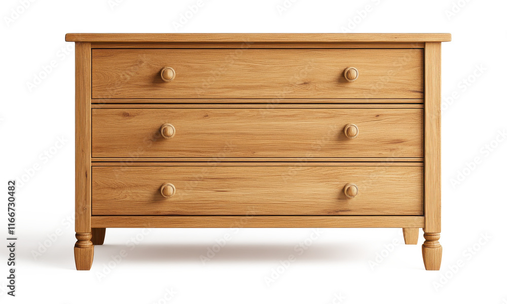 A wooden dresser with three drawers sits on a white background on transparent background A wooden dresser with three drawers sits on a white background on transparent background