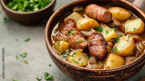 Traditional Dublin Coddle with Sausages and Potatoes in a Rustic Bowl