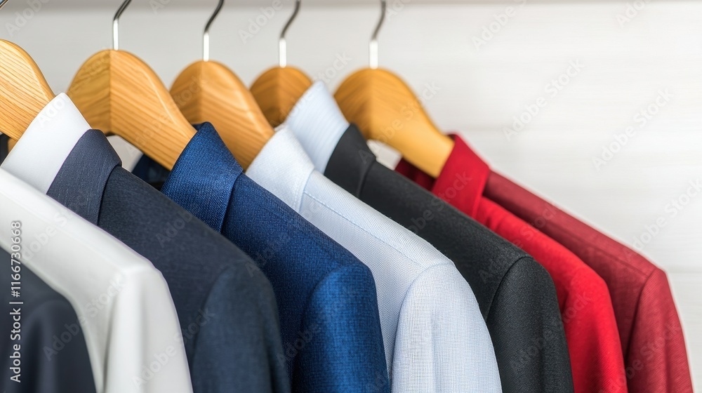 Fototapeta premium A row of neatly hung dress shirts in various colors, showcasing a mix of styles and fabrics, ideal for professional or formal attire.