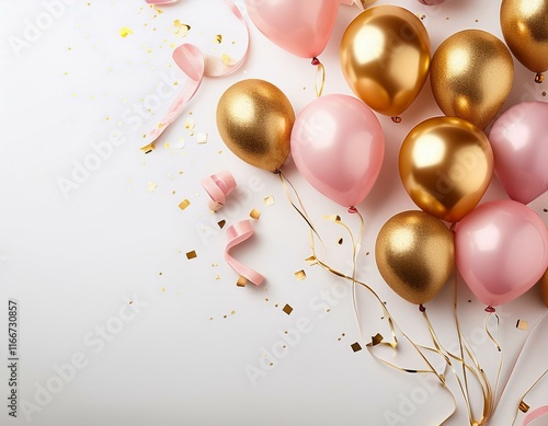 Birthday background with white copy space and pink and golden baloons with golden shiny decorations. Generated image photo