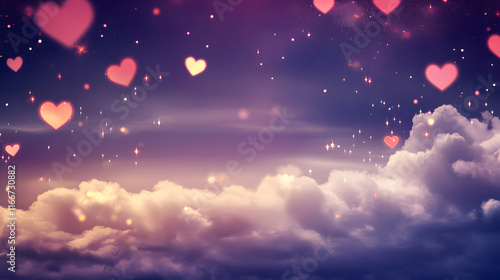 Dreamy Valentine's Day background with heart-shaped clouds and stars in the sky creating an enchanting love-themed atmosphere

