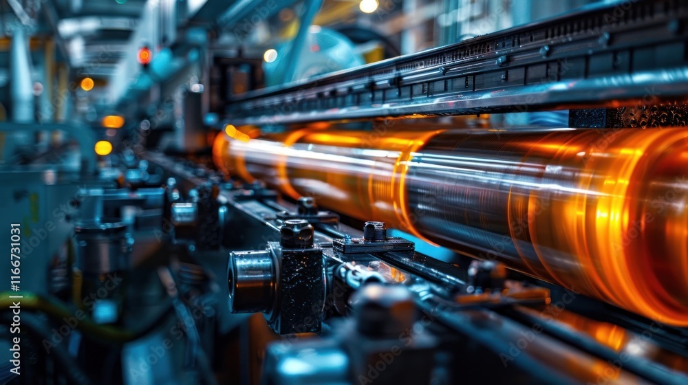 Closeup view of heavy industrial machinery and equipment in modern factory workshop Manufacturing and production concept with steel pipes tubes and devices Closeup view of heavy industrial machinery and equipment in modern factory workshop Manufacturing and production concept with steel pipes tubes and devices