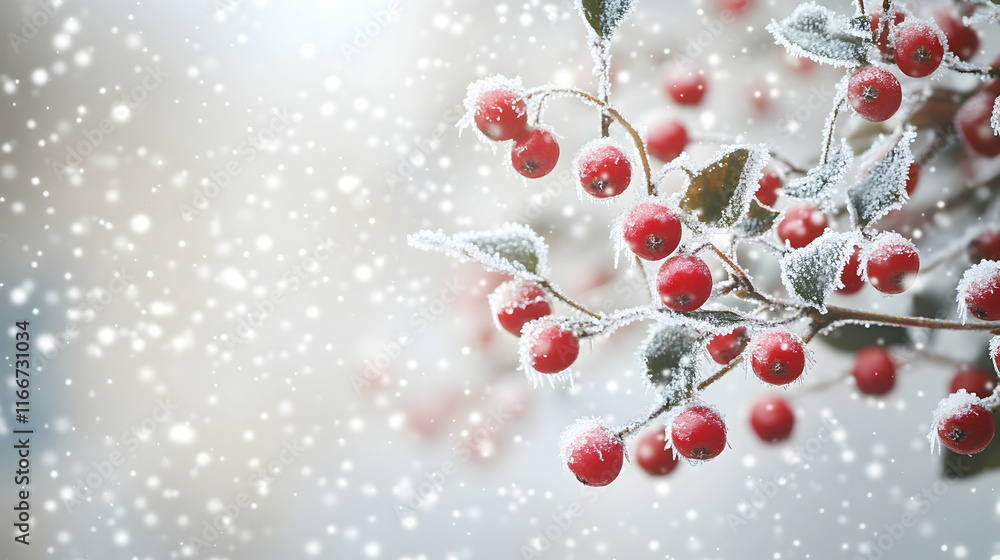 A close-up of frost-covered red berries on a tree branch, with a soft focus snowy background A close-up of frost-covered red berries on a tree branch, with a soft focus snowy background