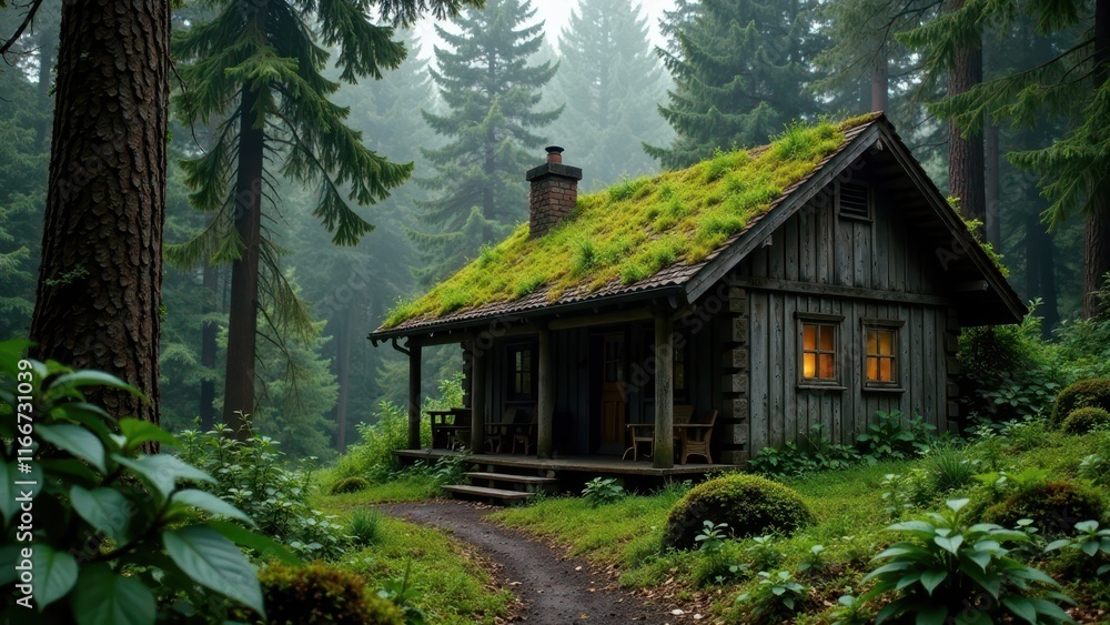 Secluded Cabin in a Verdant Forest, Illuminated by a Warm Interior Light, Nestled Among Lush Greenery and Towering Trees, Presenting a Serene and Tranquil Atmosphere Secluded Cabin in a Verdant Forest, Illuminated by a Warm Interior Light, Nestled Among Lush Greenery and Towering Trees, Presenting a Serene and Tranquil Atmosphere