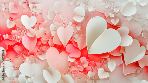 Digital art background of paper hearts and flowers in pink, red, cream, and white with text space for Valentine's Day