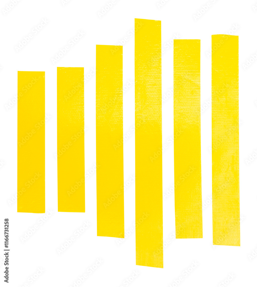 Obraz premium Top view set of tidy straight yellow adhesive vinyl tape or cloth tape in stripe shape isolated with clipping path in png file format