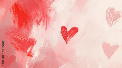 Soft pink background with hand-drawn hearts in shades of red, artistic and romantic design for Valentine's Day card or banner template
