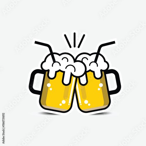 Toasting beer glasses patch. Cheers. Two foamy beer glasses. Color sticker. Vector isolated illustration