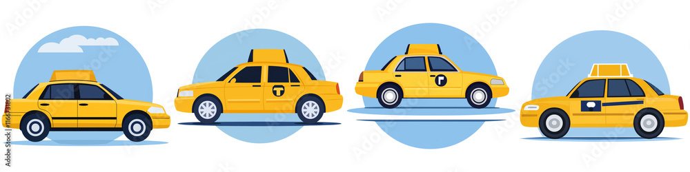 Obraz premium A series of yellow taxis displayed in various orientations, showcasing their distinct design and color.