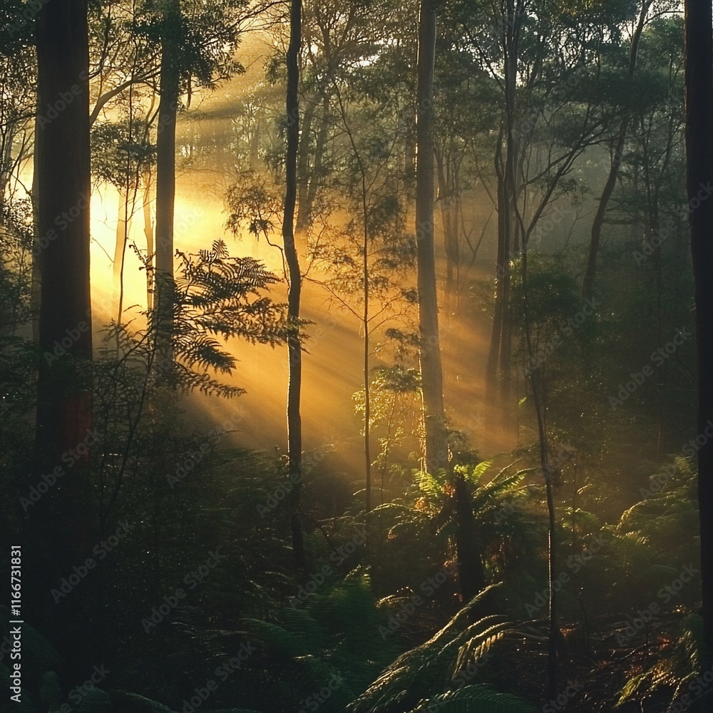 Sunbeams Illuminating Misty Forest Sunbeams Illuminating Misty Forest