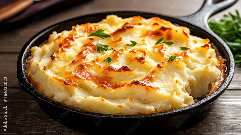 Traditional Shepherd's Pie in Skillet with Golden Mashed Topping and Fresh Parsley Garnish Traditional Shepherd's Pie in Skillet with Golden Mashed Topping and Fresh Parsley Garnish