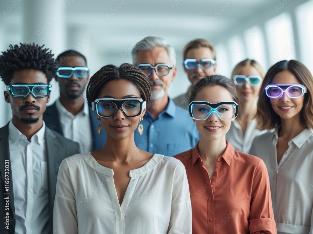 High-tech augmented reality glasses enhance group engagement in a modern business setting during a collaborative workshop High-tech augmented reality glasses enhance group engagement in a modern business setting during a collaborative workshop