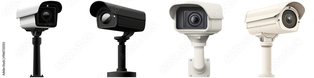 Four surveillance cameras in varying colors and designs, showcasing their distinct shapes and lenses.