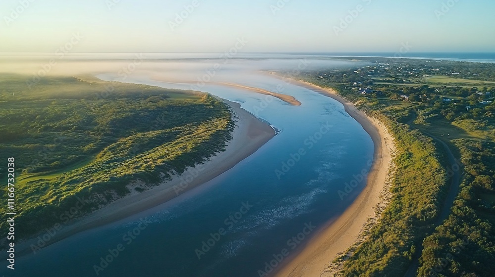 Aerial View of Serene Coastal River at Dawn Aerial View of Serene Coastal River at Dawn