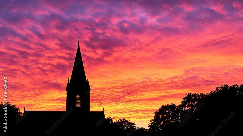 Fototapeta premium Silhouette of Church Steeple Against Vibrant Sunset Colors