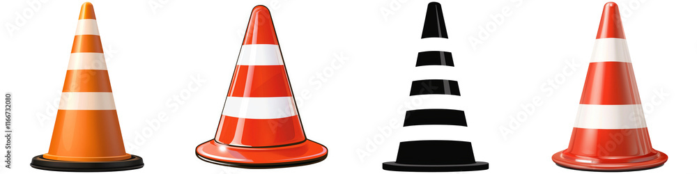 A series of traffic cones with bright orange and white stripes, showcasing different shapes and colors. A series of traffic cones with bright orange and white stripes, showcasing different shapes and colors.