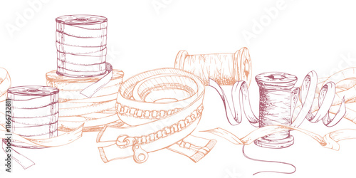 Hand drawn ink vector illustration sewing craft supplies. Ribbon thread bobbin clothing zipper serpentine, red beige. Seamless banner isolated on white background. Design atelier, tailor, hobby shop