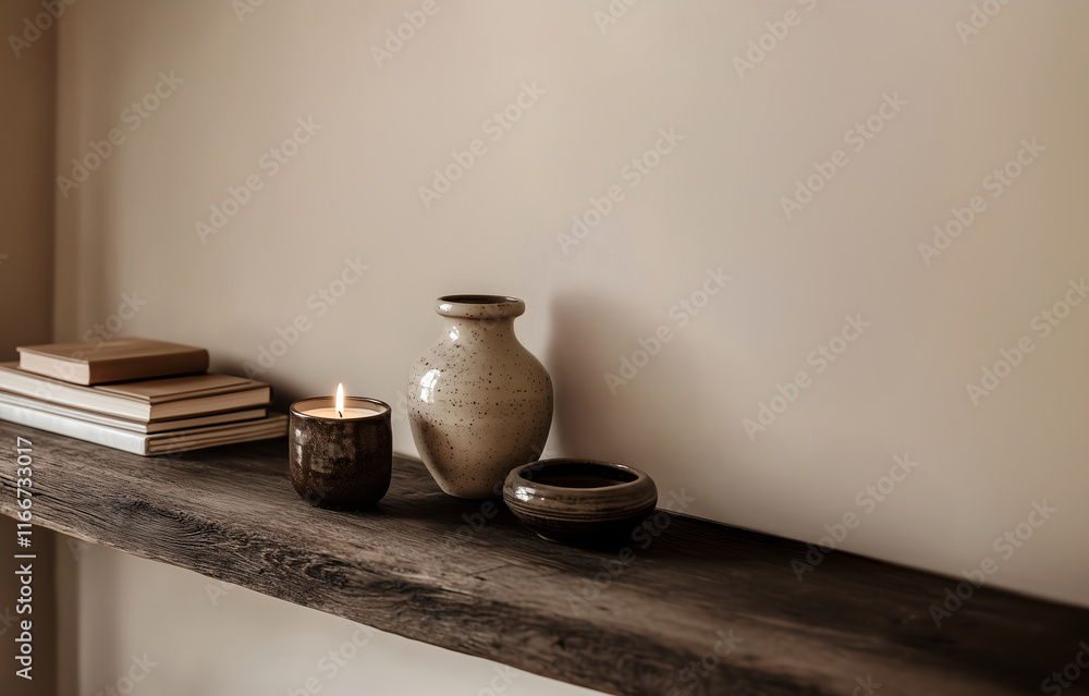 Creative template concept. Long dark rustic wood shelf table background with books, ceramic vase, burning candles and soft sunset light shining. Mock up presentation. copy text space Creative template concept. Long dark rustic wood shelf table background with books, ceramic vase, burning candles and soft sunset light shining. Mock up presentation. copy text space