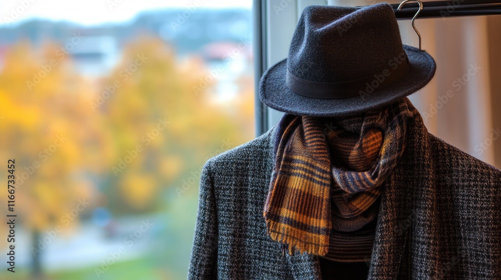 Stylish Overcoat with Scarf and Hat Hanging by a Window Stylish Overcoat with Scarf and Hat Hanging by a Window
