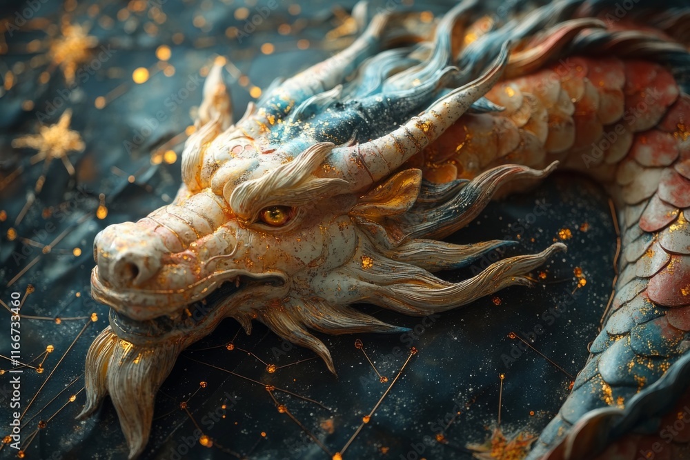 Dragon with gold and blue scales is shown in black background with stars