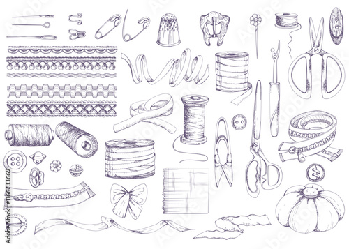 Purple scissors ribbon thread bobbins lace pin cushion buttons thimble pins needles. Hand drawn ink vector illustration sewing craft supplies. Objects set isolated on white. Atelier tailor, hobby shop