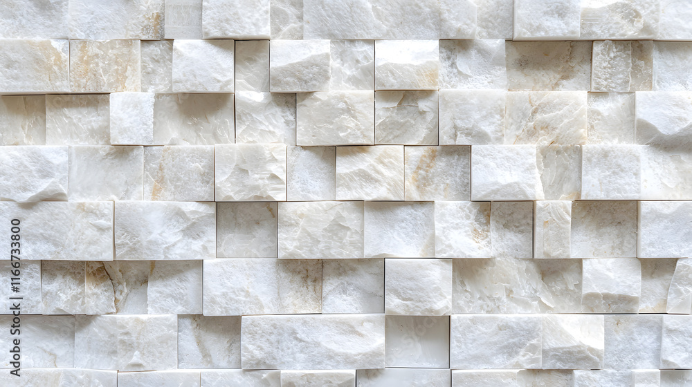Obraz premium Textured white stone wall with overlapping rectangular tiles, creating modern and elegant appearance. Ideal for interior design and architectural projects
