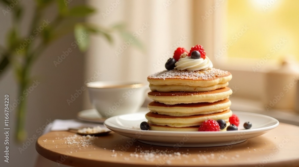 A Delightful Stack of Buttery Pancakes Topped with Whipped Cream and Fresh Berries, Served with a Cup of Coffee on a Wooden Table A Delightful Stack of Buttery Pancakes Topped with Whipped Cream and Fresh Berries, Served with a Cup of Coffee on a Wooden Table