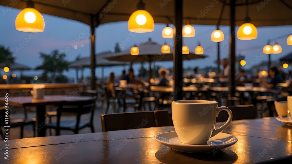 A single cup of coffee sits on a table at an outdoor cafe at sunset, warm light illuminating the scene. Soft focus on the background shows blurred patrons and golden hour ambiance. A single cup of coffee sits on a table at an outdoor cafe at sunset, warm light illuminating the scene. Soft focus on the background shows blurred patrons and golden hour ambiance.