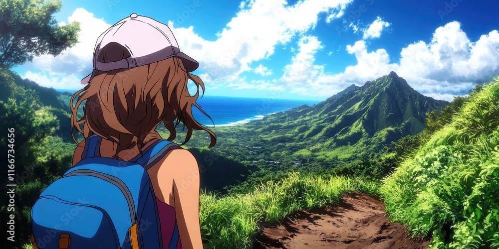 Naklejka premium anime young female tourist in hawaii 