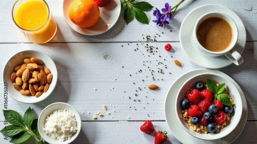 A Healthy and Delicious Breakfast Arrangement Featuring Fresh Fruit, Nuts, and Dairy A Healthy and Delicious Breakfast Arrangement Featuring Fresh Fruit, Nuts, and Dairy