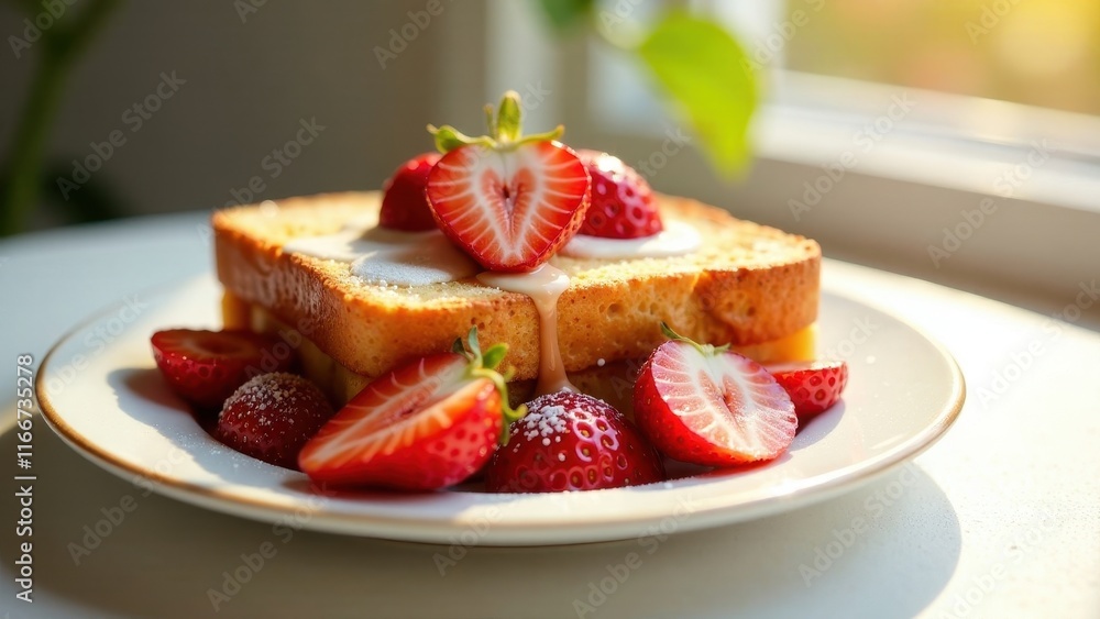 Sunlit Cake Slices Topped with Fresh Strawberries and Creamy Sauce on Elegant Plate Sunlit Cake Slices Topped with Fresh Strawberries and Creamy Sauce on Elegant Plate