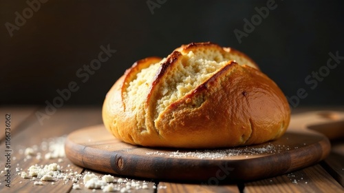 Artisan Baked Bread on Rustic Wooden Board, Golden Crust and Crumbly Texture, Delicious Homemade Loaf