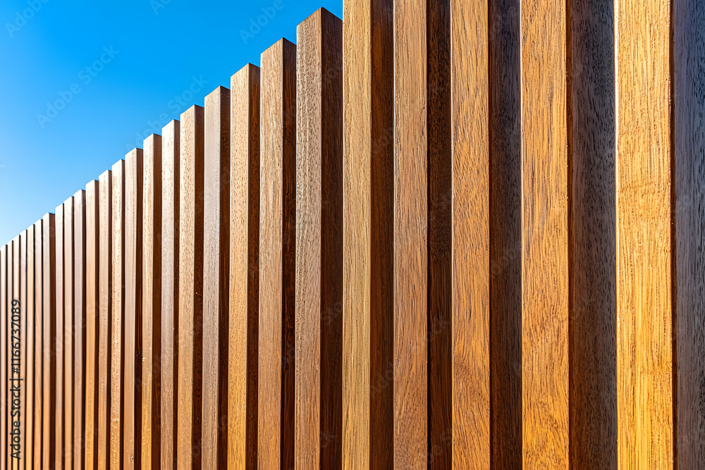 Obraz premium low angle view of minimalist wooden slat wall against clear blue sky, showcasing natural texture and warm tones of wood